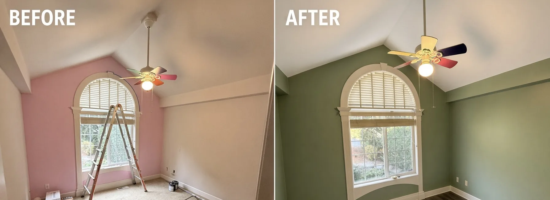 Bedroom before and after: pink and white walls with a ladder set up under the arched window, then sage green walls, white trim, and new plank flooring