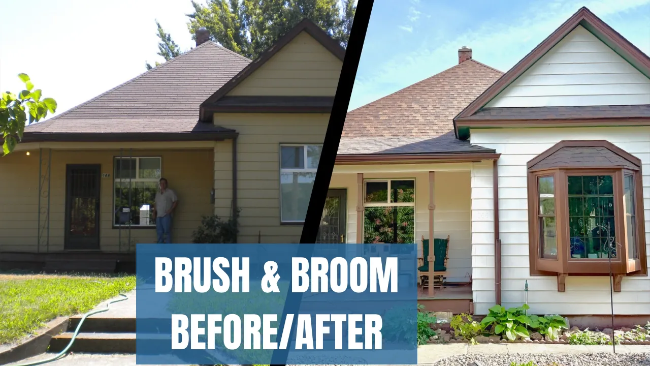 House exterior before and after painting: tan siding, then white siding with brown trim